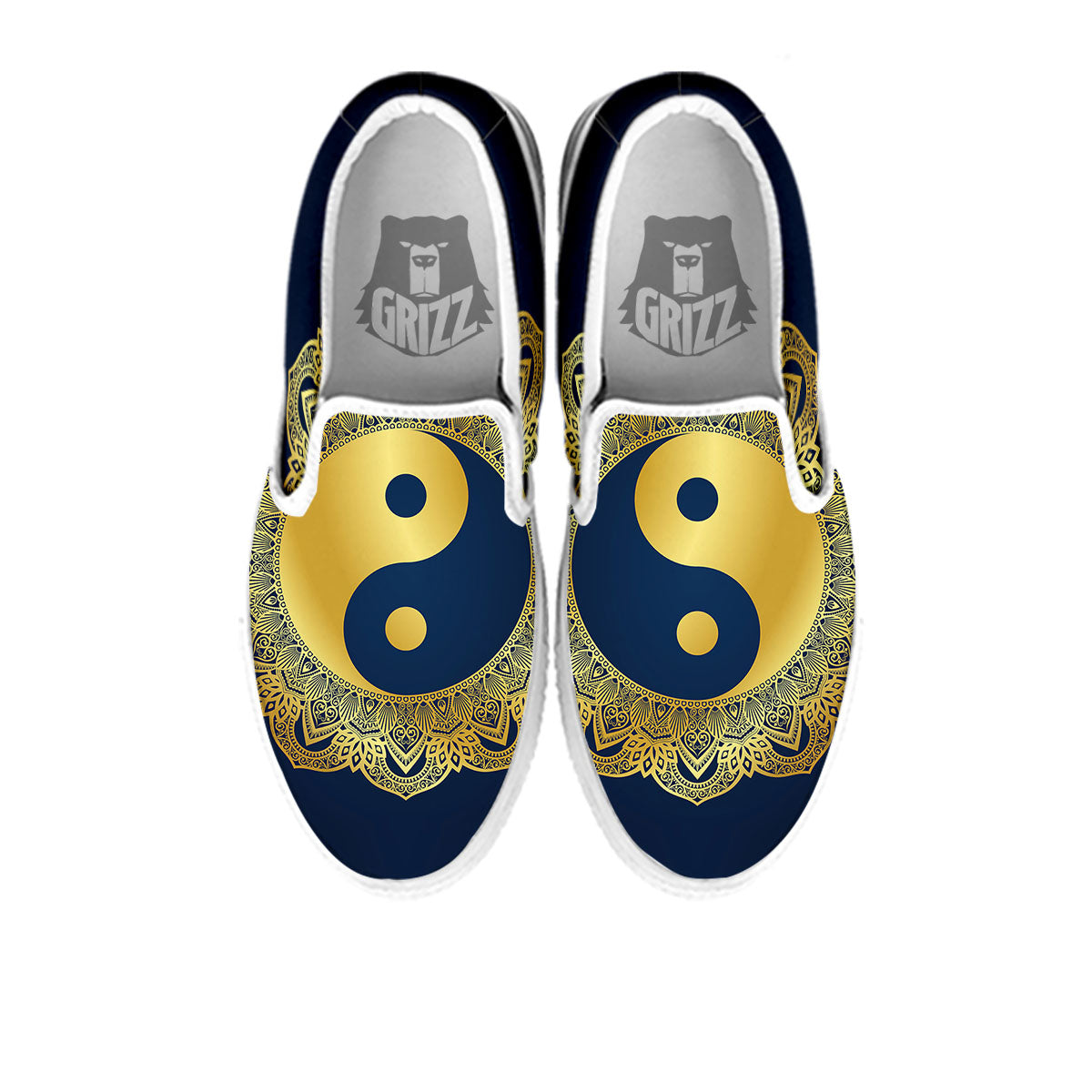 Yin Yang Gold Mandala Print White Slip On Shoes-grizzshop