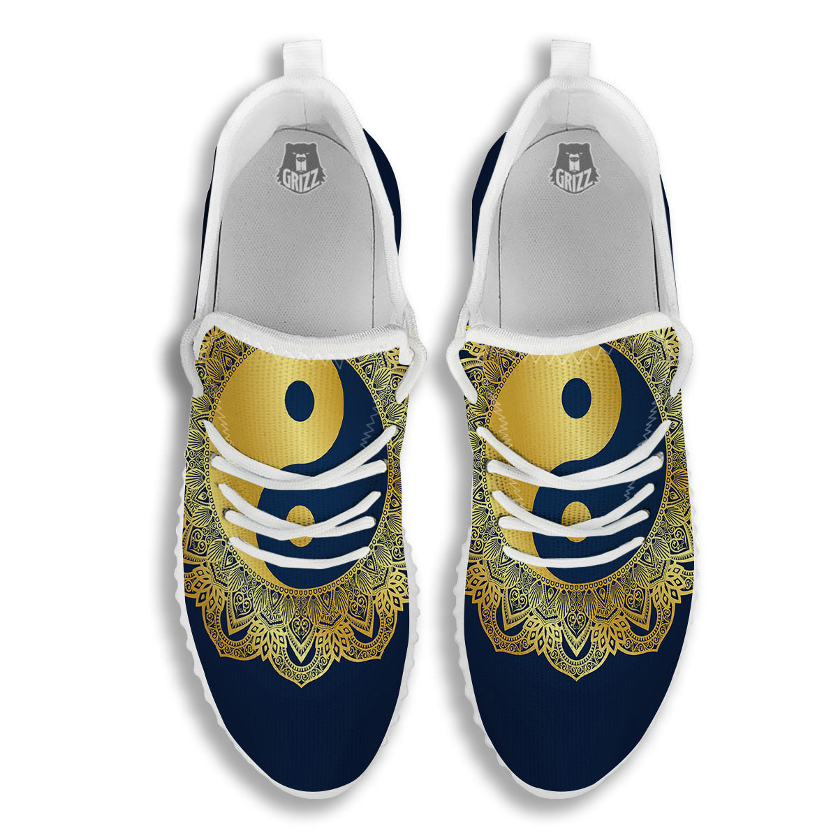 Yin Yang Gold Mandala Print White Walking Shoes-grizzshop