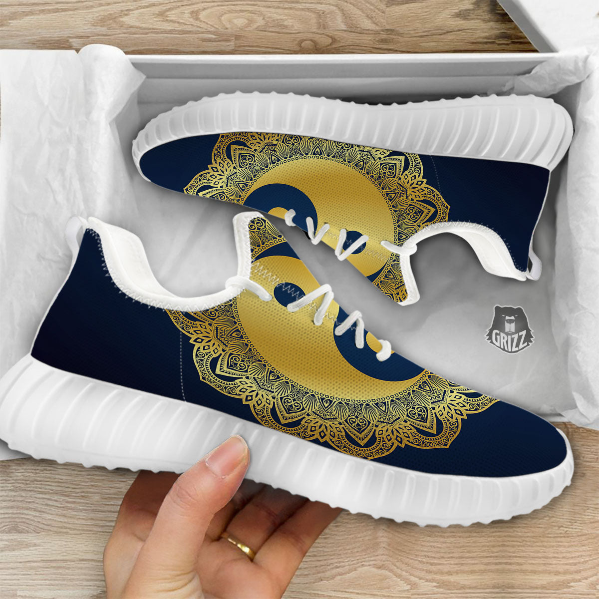 Yin Yang Gold Mandala Print White Walking Shoes-grizzshop