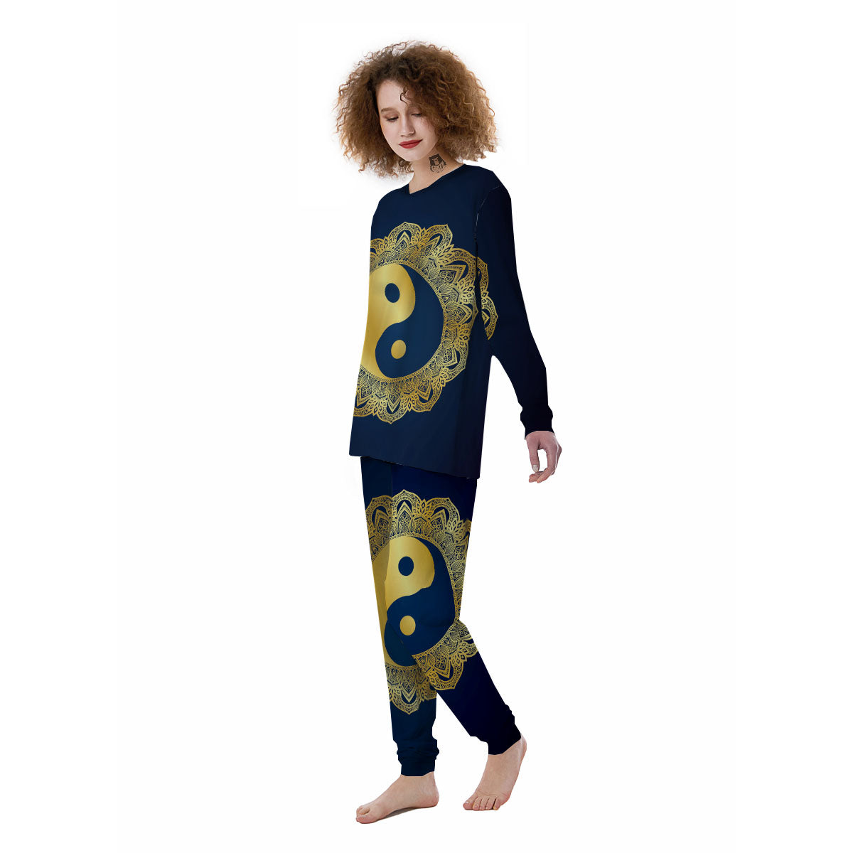 Yin Yang Gold Mandala Print Women's Pajamas-grizzshop
