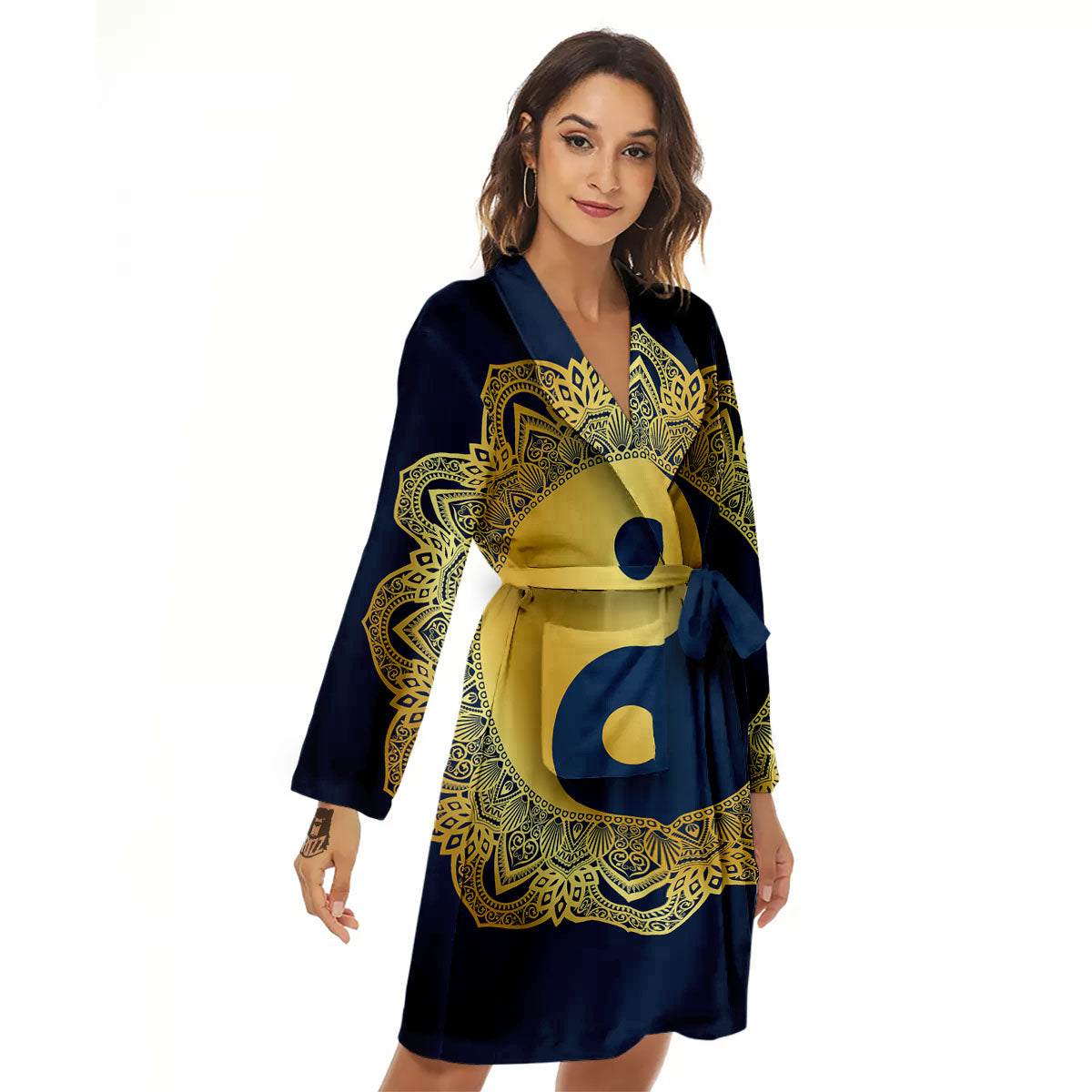 Yin Yang Gold Mandala Print Women's Robe-grizzshop