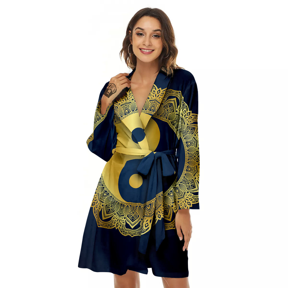 Yin Yang Gold Mandala Print Women's Robe-grizzshop