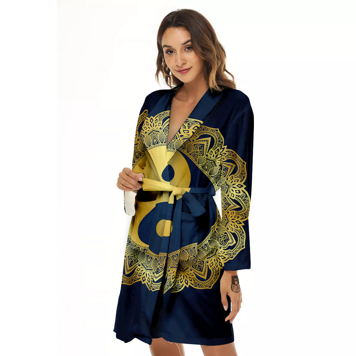 Yin Yang Gold Mandala Print Women's Robe-grizzshop
