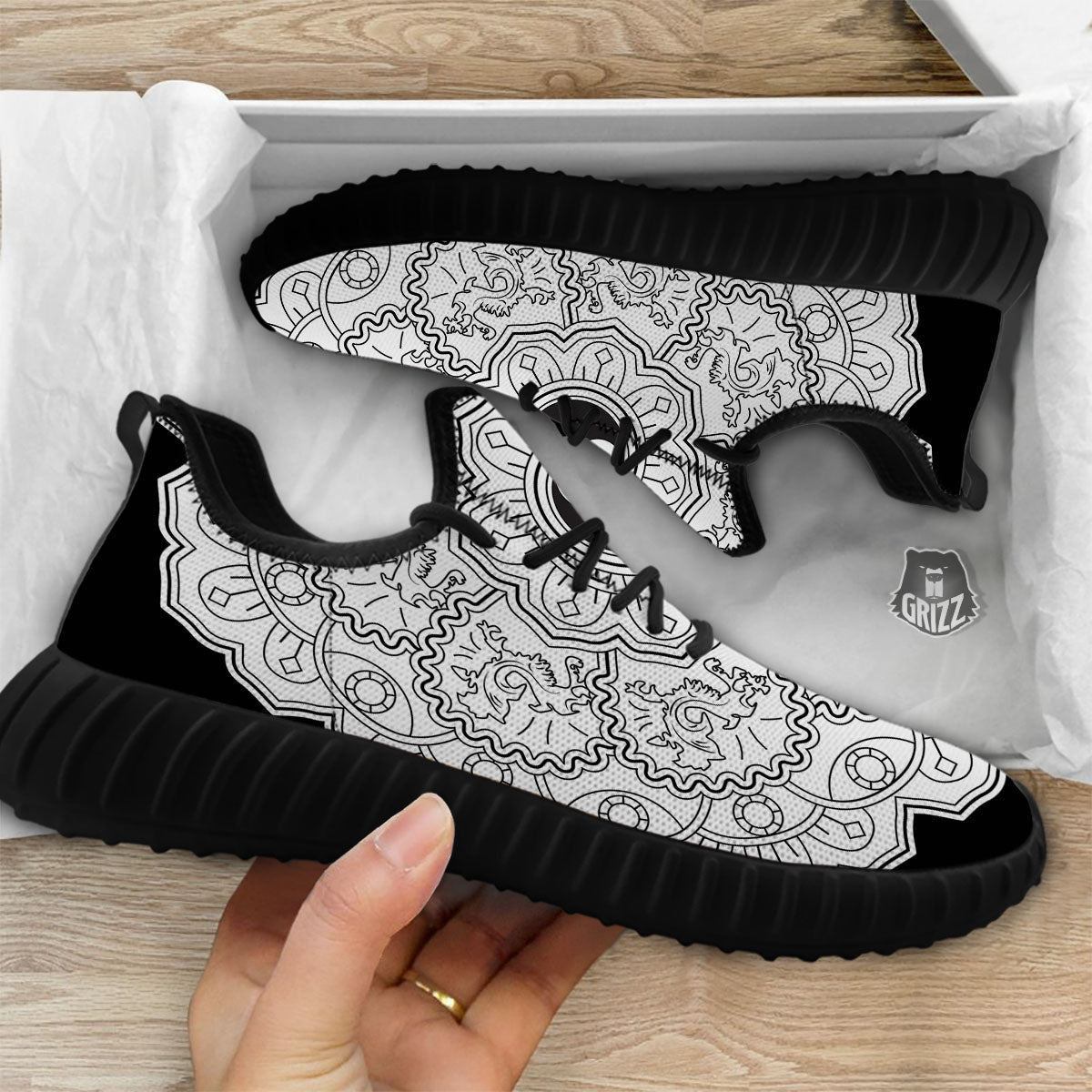 Yin Yang Mandala White And Black Print Black Walking Shoes-grizzshop