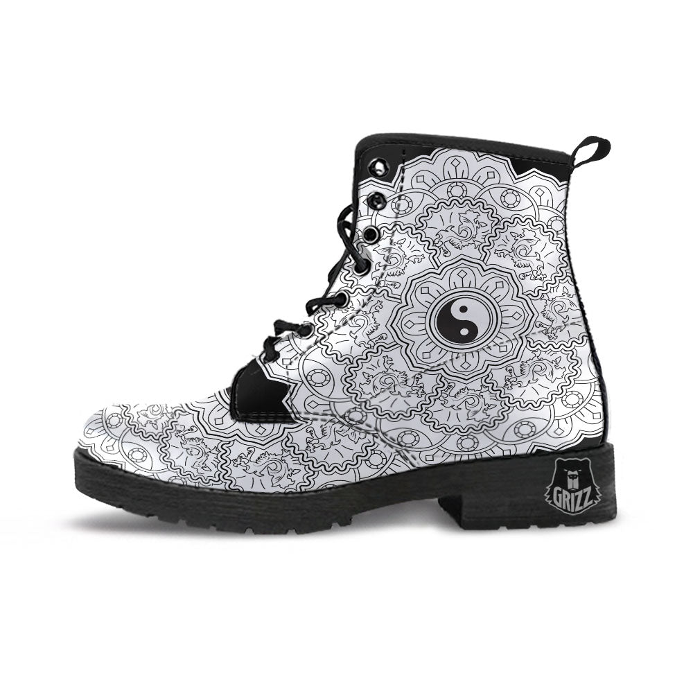 Yin Yang Mandala White And Black Print Leather Boots-grizzshop