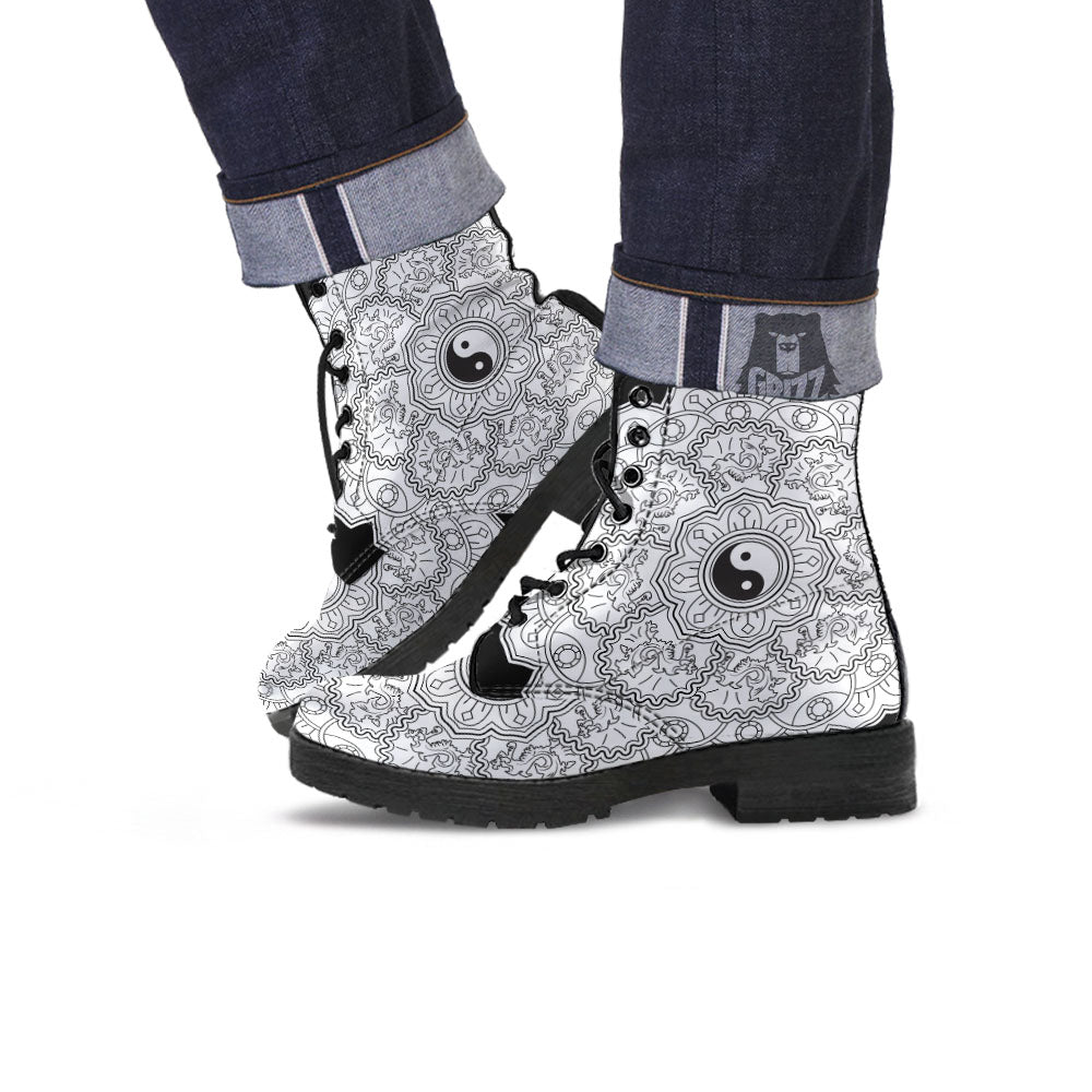 Yin Yang Mandala White And Black Print Leather Boots-grizzshop
