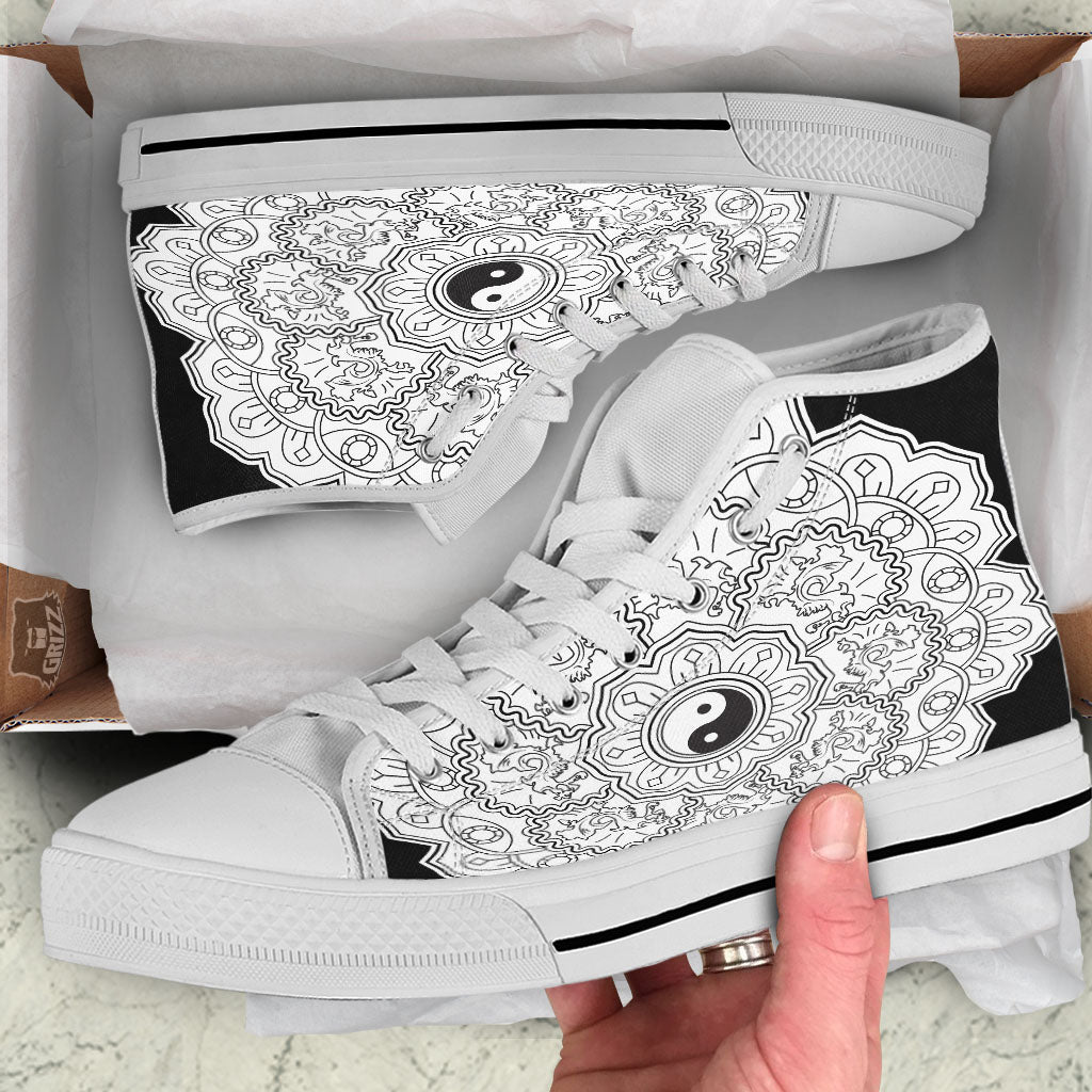 Yin Yang Mandala White And Black Print White High Top Shoes-grizzshop