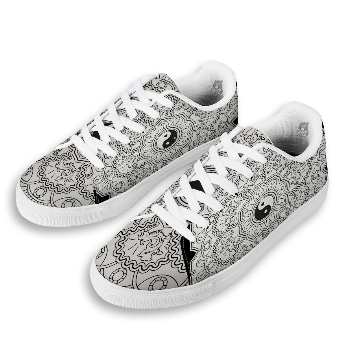 Yin Yang Mandala White And Black Print White Low Top Sneakers-grizzshop
