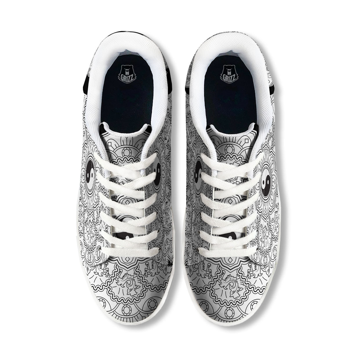 Yin Yang Mandala White And Black Print White Low Top Sneakers-grizzshop
