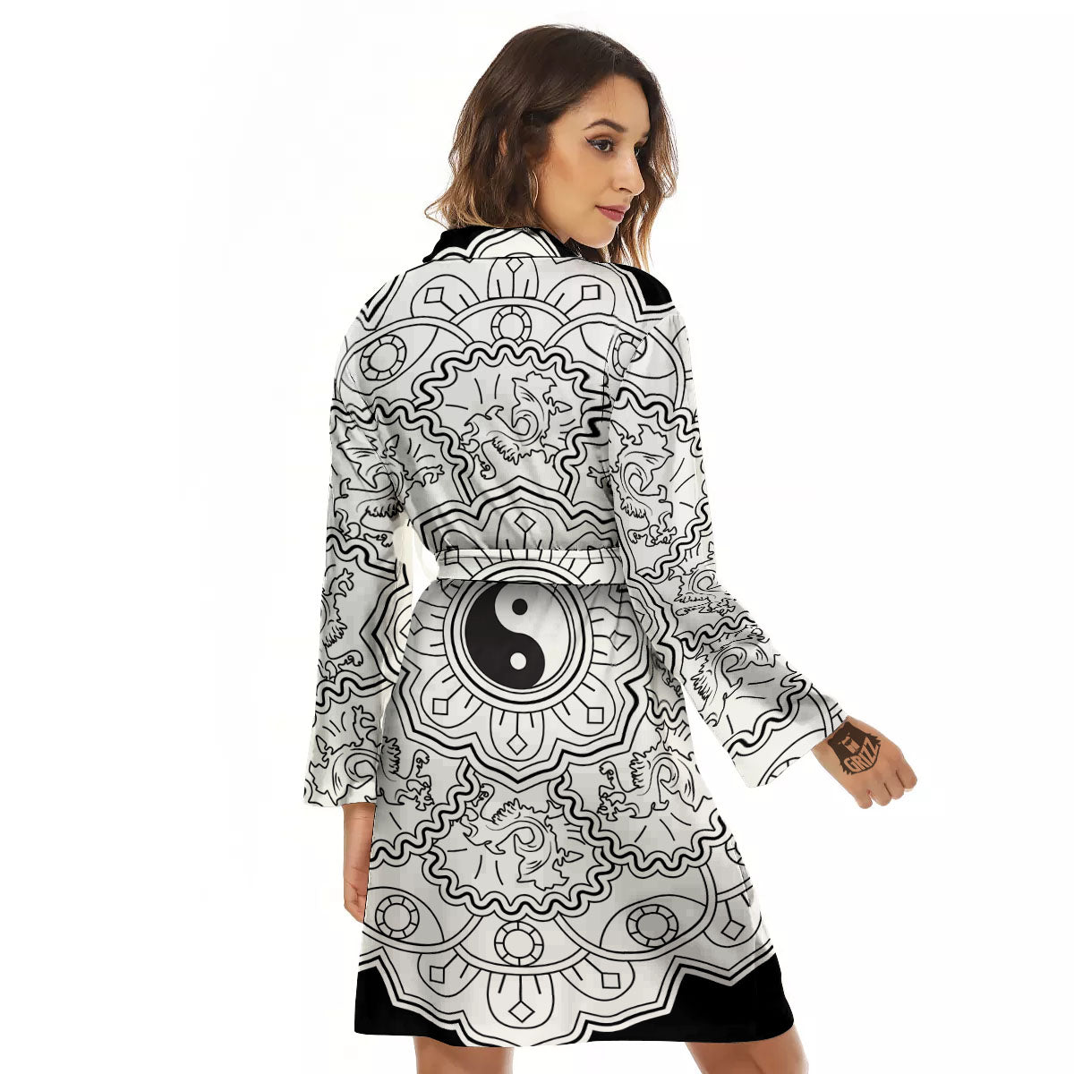 Yin Yang Mandala White And Black Print Women's Robe-grizzshop