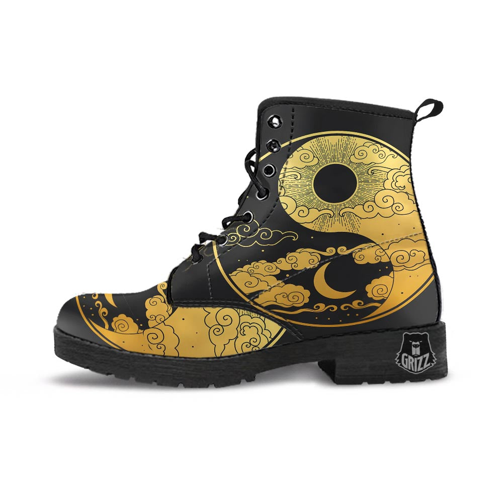 Yin Yang Moon And Sun Print Leather Boots-grizzshop