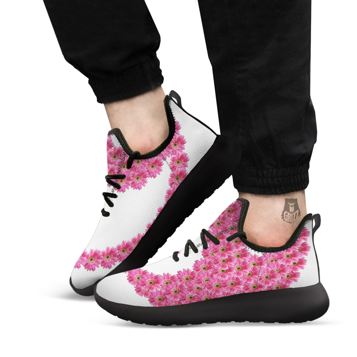 Yin Yang Pink Flowers Print Black Athletic Shoes-grizzshop