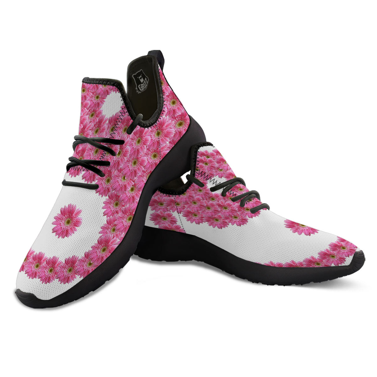 Yin Yang Pink Flowers Print Black Athletic Shoes-grizzshop