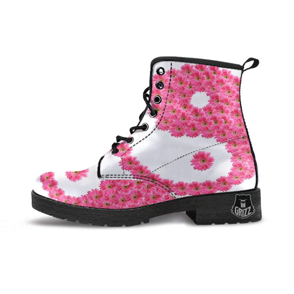 Yin Yang Pink Flowers Print Leather Boots-grizzshop