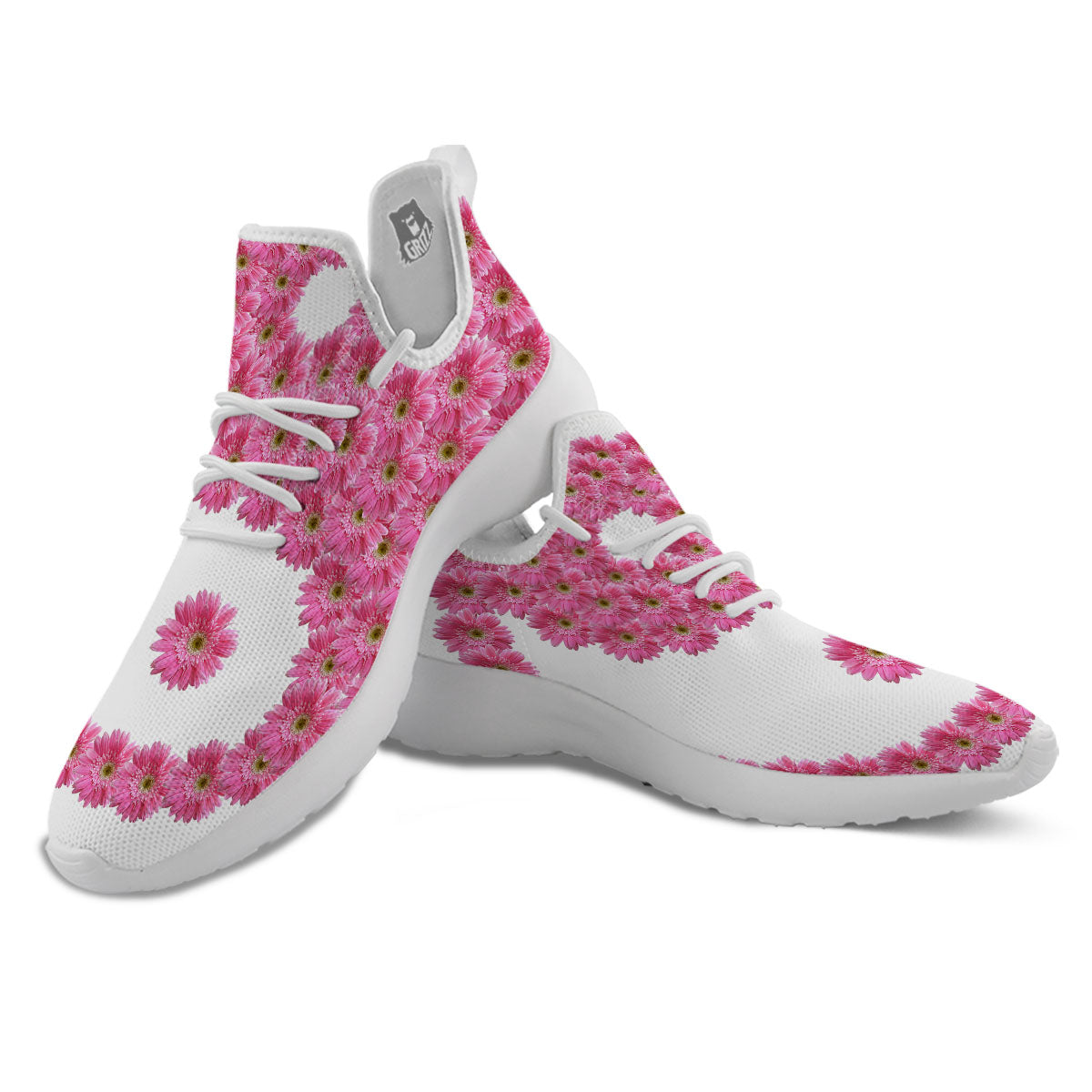 Yin Yang Pink Flowers Print White Athletic Shoes-grizzshop