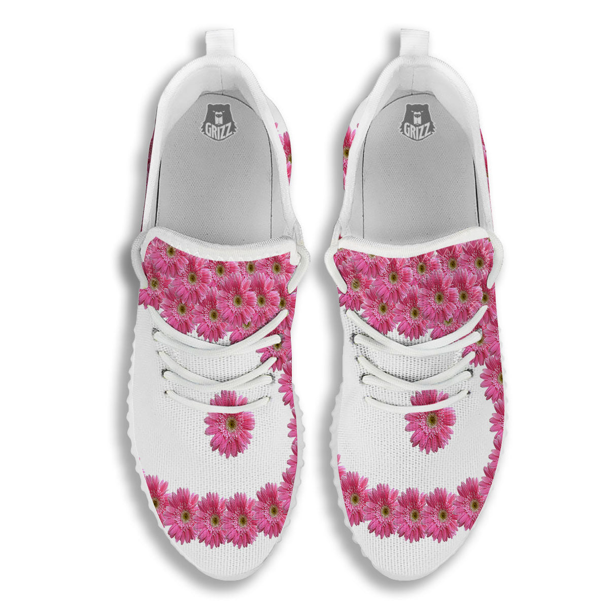Yin Yang Pink Flowers Print White Walking Shoes-grizzshop