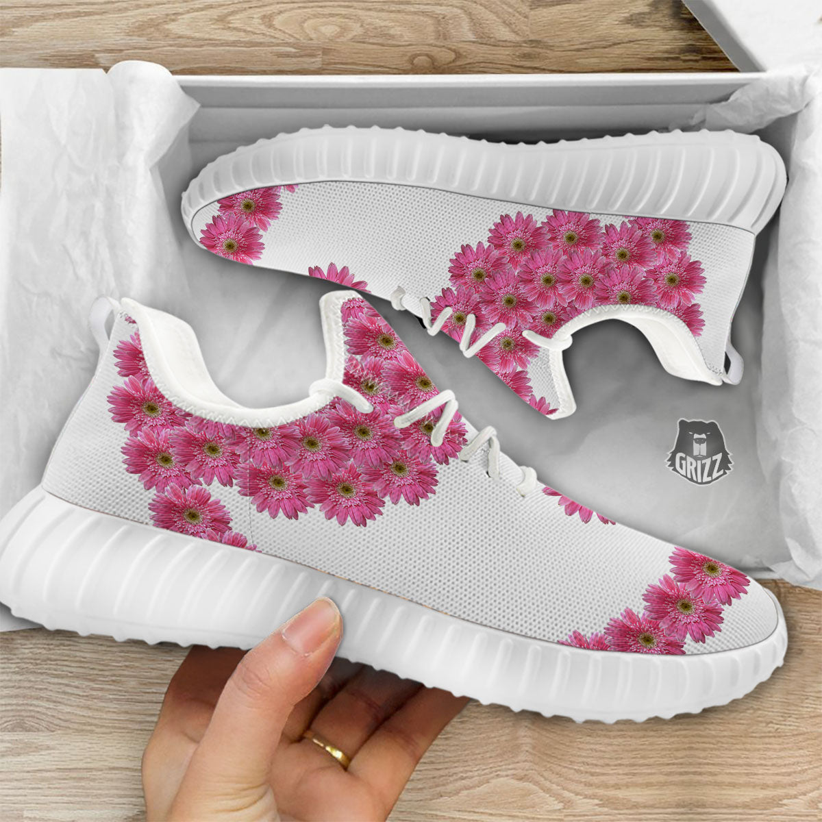 Yin Yang Pink Flowers Print White Walking Shoes-grizzshop