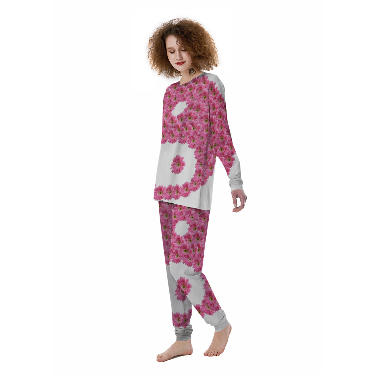 Yin Yang Pink Flowers Print Women's Pajamas-grizzshop