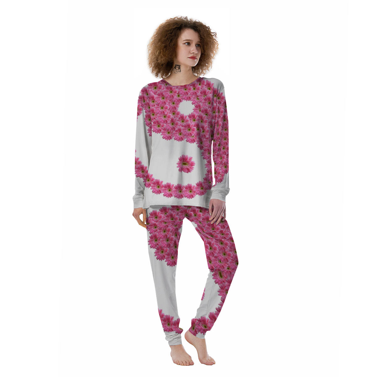 Yin Yang Pink Flowers Print Women's Pajamas-grizzshop
