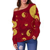 Yin Yang Red Pattern Print Women Off Shoulder Sweatshirt-grizzshop