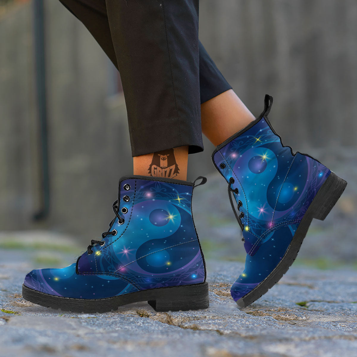 Yin Yang Space Print Leather Boots-grizzshop