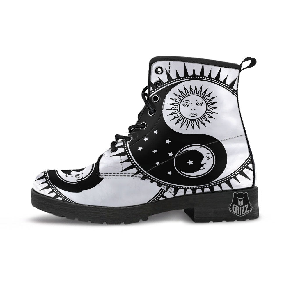 Yin Yang Sun White And Black Print Leather Boots-grizzshop