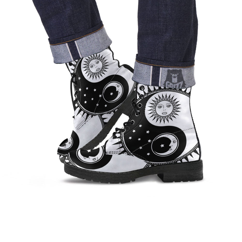 Yin Yang Sun White And Black Print Leather Boots-grizzshop