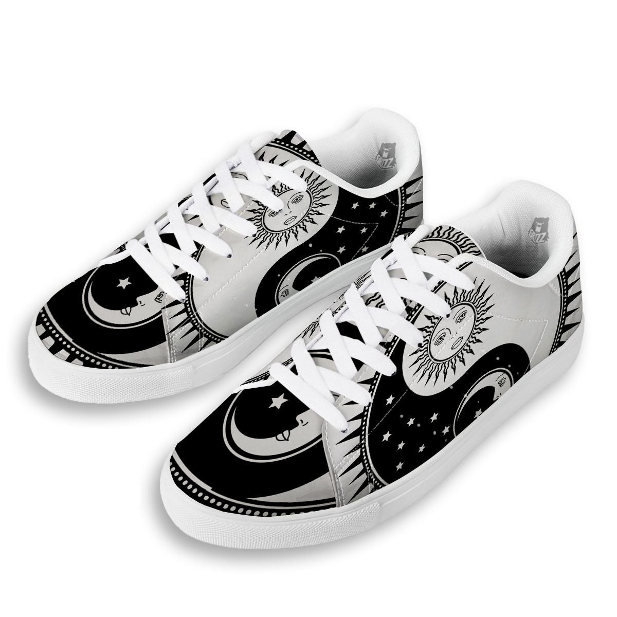 Yin Yang Sun White And Black Print White Low Top Sneakers-grizzshop