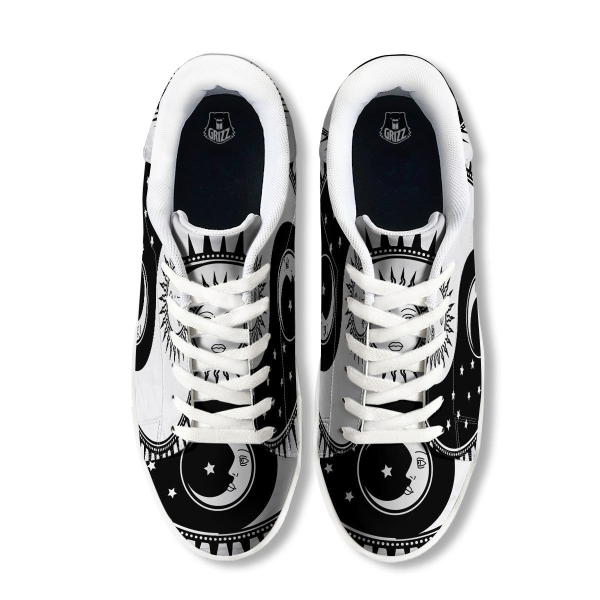 Yin Yang Sun White And Black Print White Low Top Sneakers-grizzshop