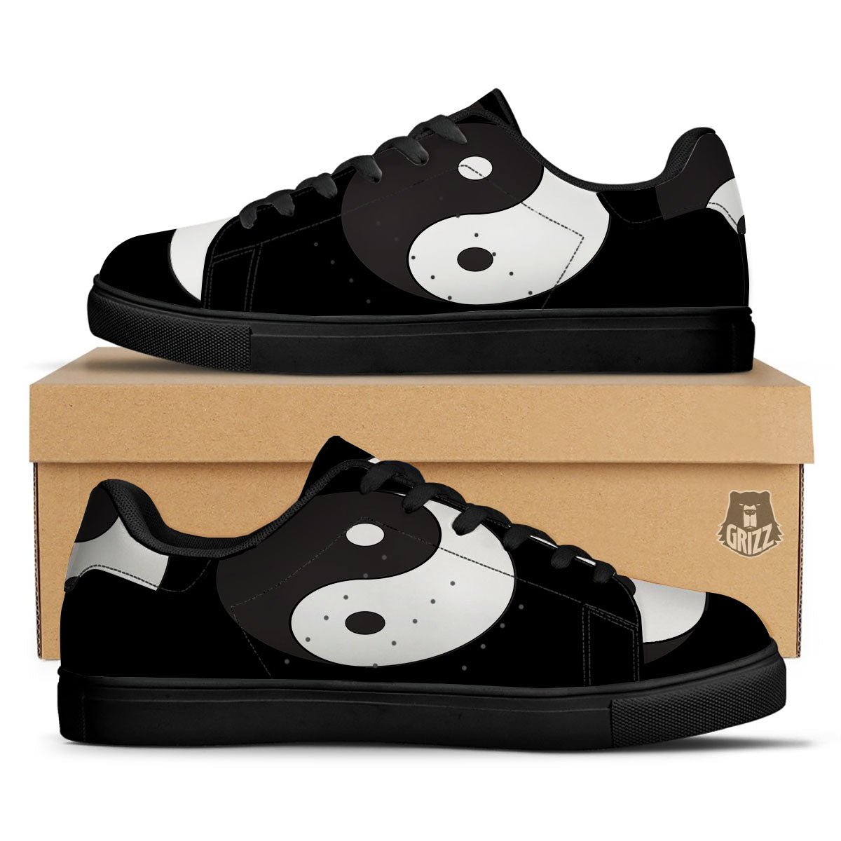 Yin Yang Symbol White And Black Print Black Low Top Sneakers-grizzshop