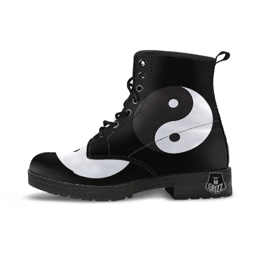 Yin Yang Symbol White And Black Print Leather Boots-grizzshop