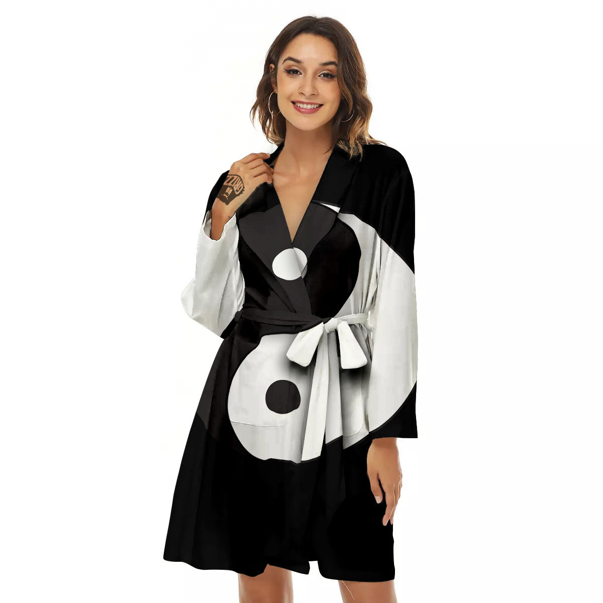 Yin Yang Symbol White And Black Print Women's Robe-grizzshop
