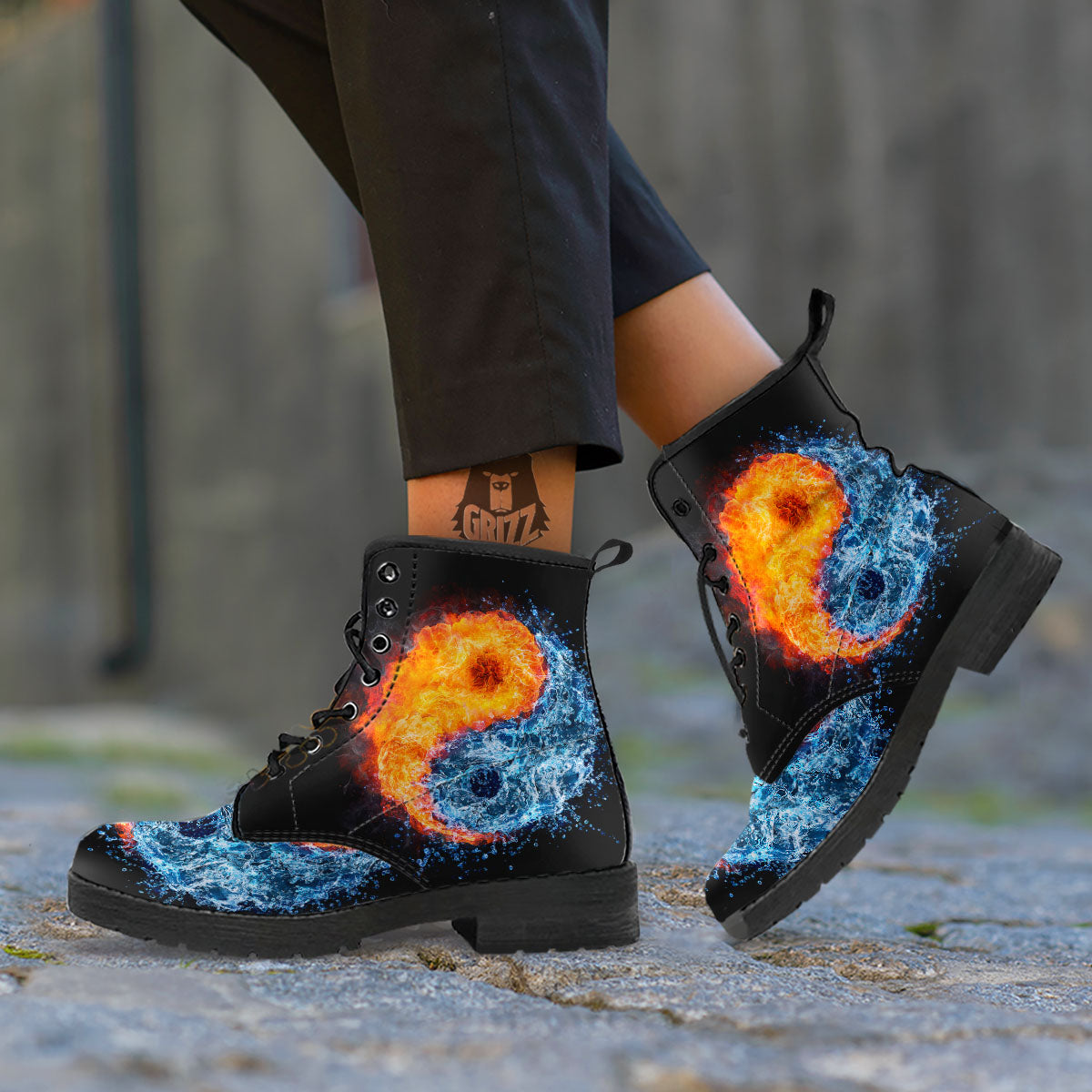 Yin Yang Water And Fire Print Leather Boots-grizzshop
