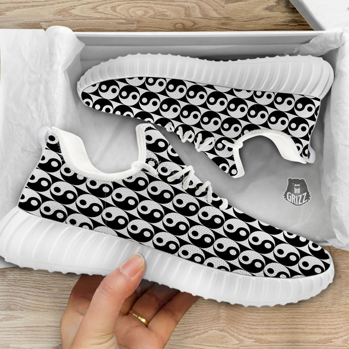 Yin Yang White And Black Print Pattern White Walking Shoes-grizzshop