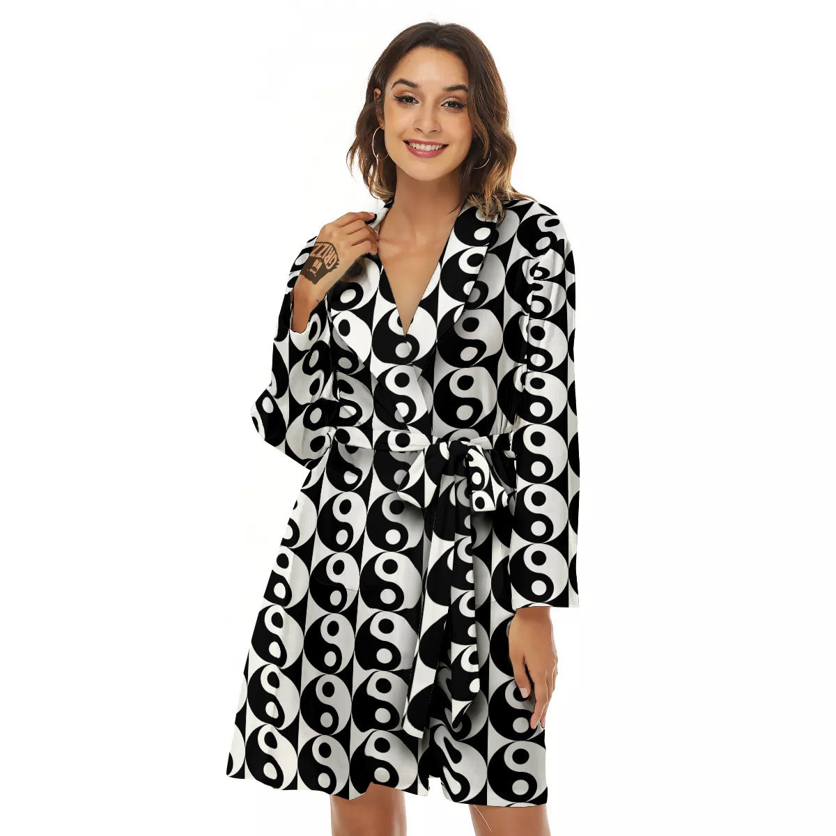 Yin Yang White And Black Print Pattern Women's Robe-grizzshop
