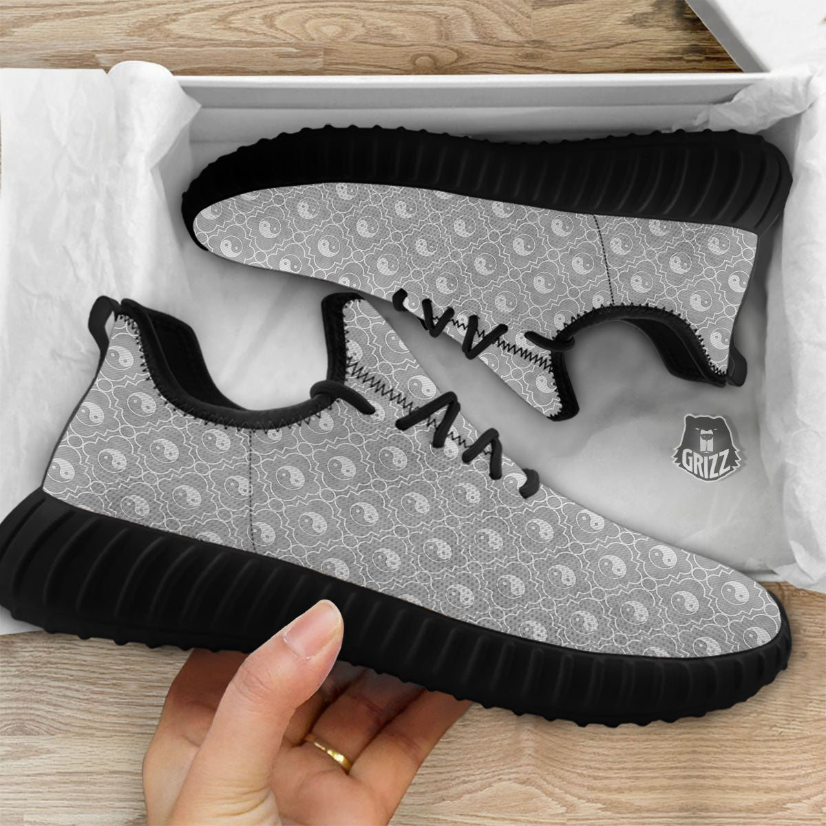 Yin Yang White And Grey Print Pattern Black Walking Shoes-grizzshop