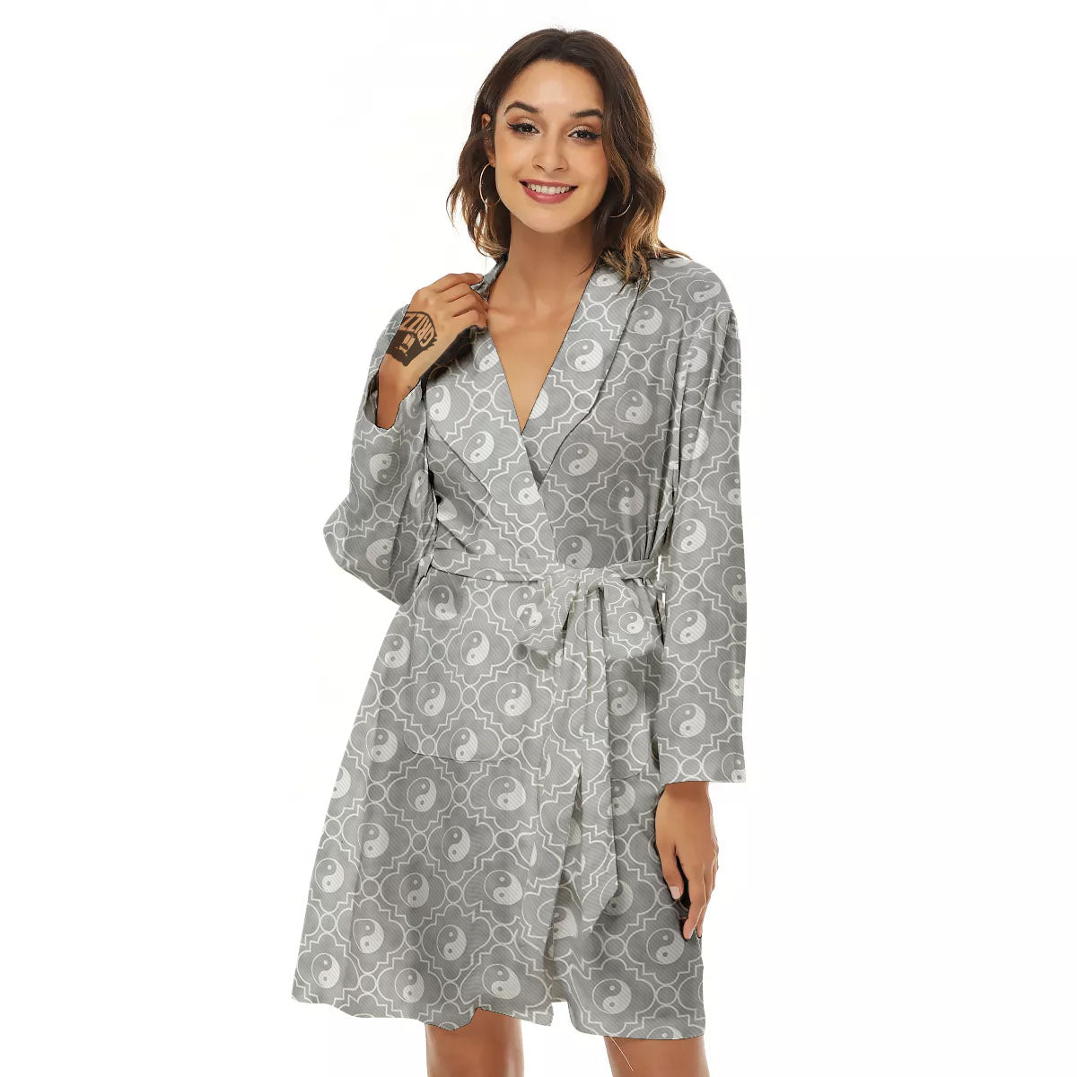 Yin Yang White And Grey Print Pattern Women's Robe-grizzshop