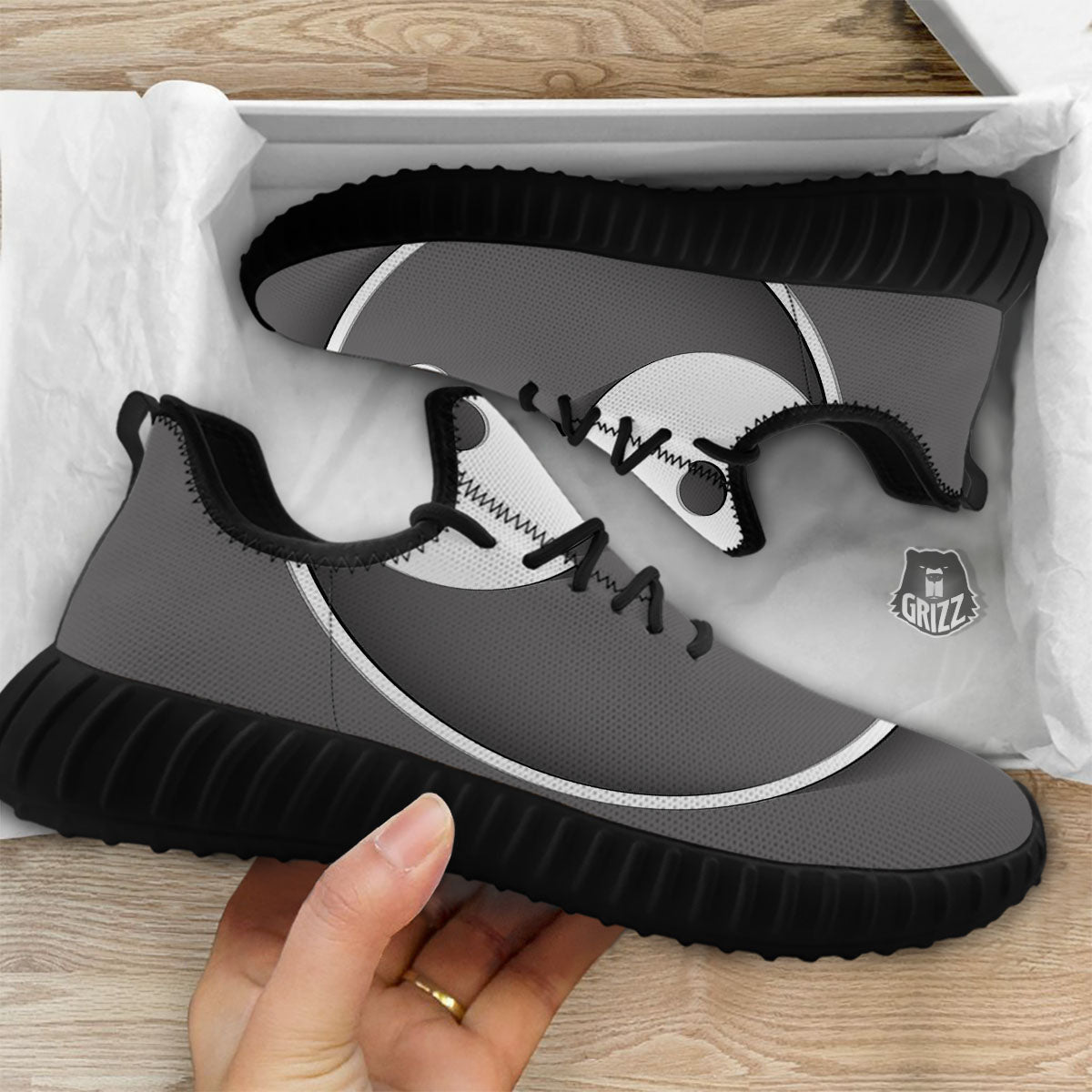 Yin Yang White And Sliver Print Black Walking Shoes-grizzshop