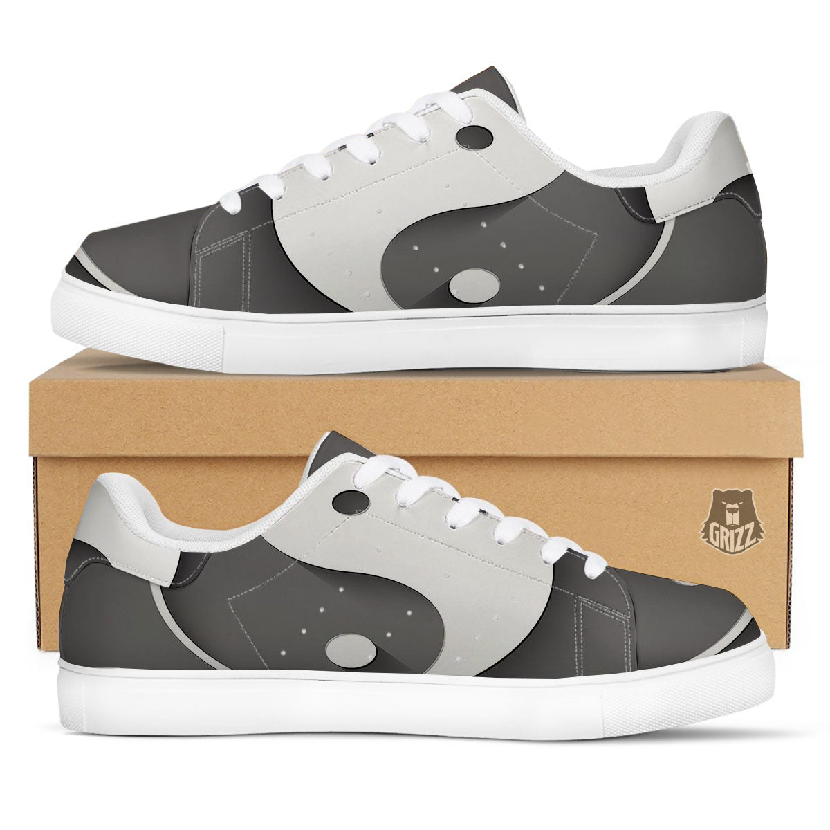Yin Yang White And Sliver Print White Low Top Sneakers-grizzshop