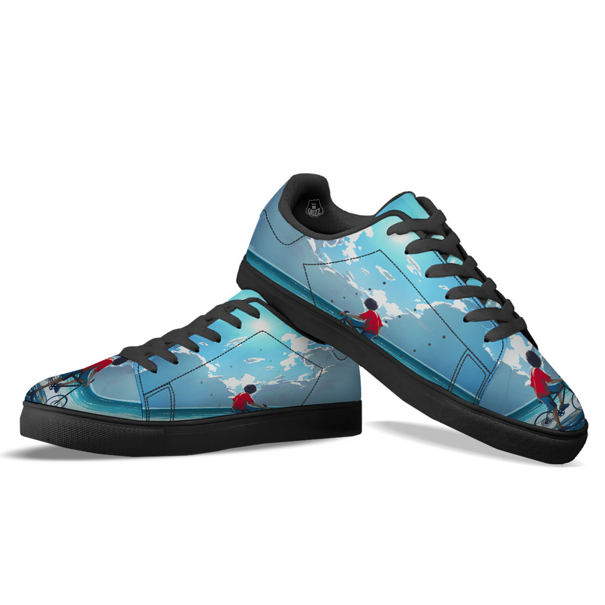 Young Man Looking At The Meteor Print Black Low Top Sneakers-grizzshop
