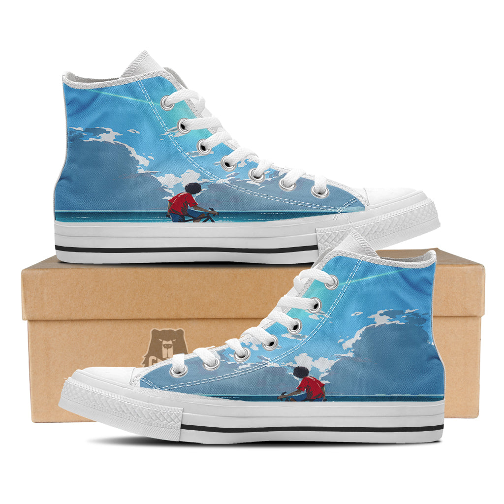 Young Man Looking At The Meteor Print White High Top Shoes-grizzshop