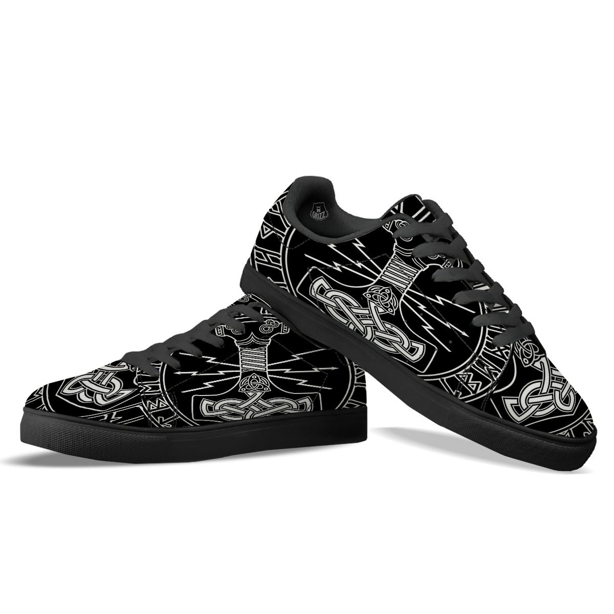 Younger Futhark And Mjolnir Print Black Low Top Sneakers-grizzshop