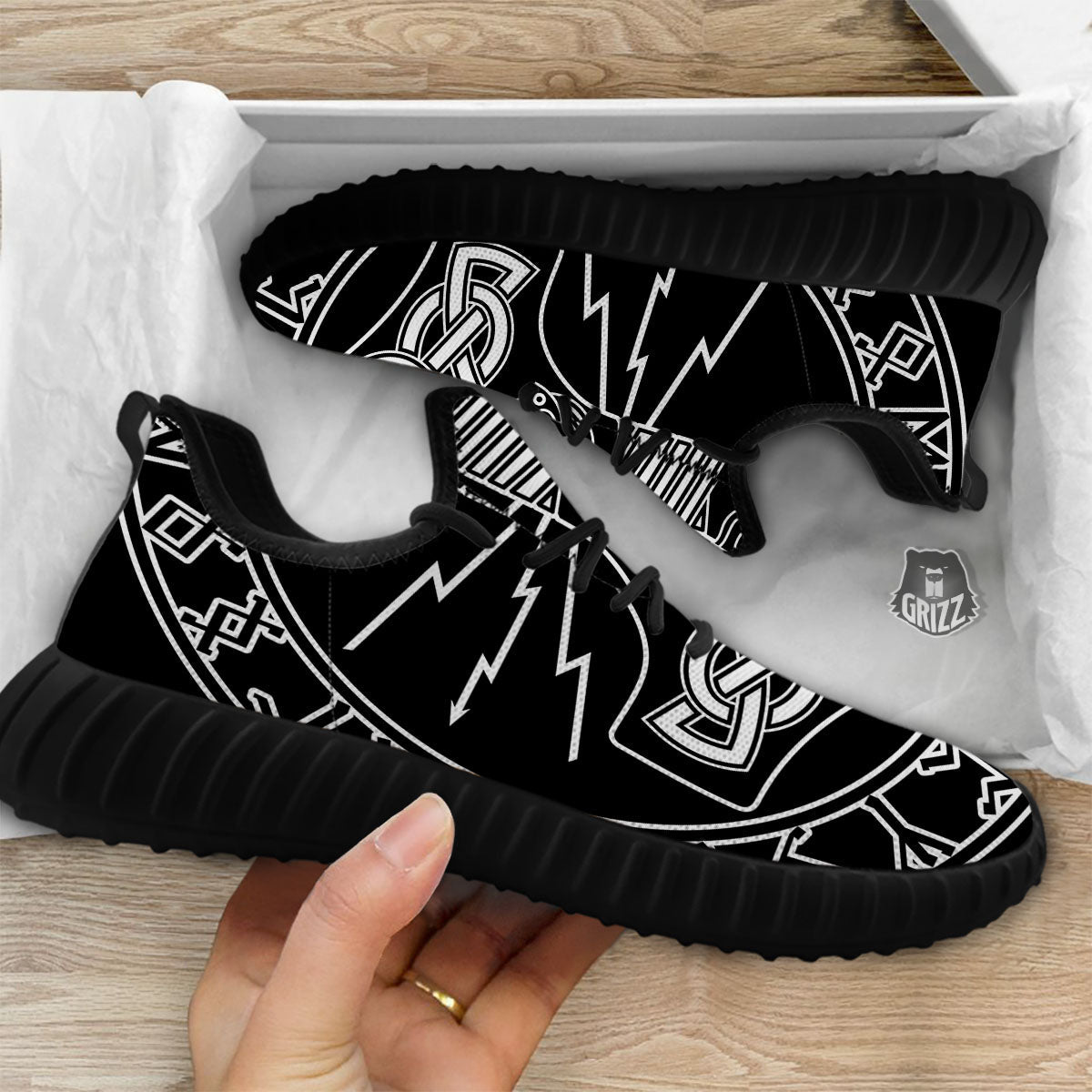 Younger Futhark And Mjolnir Print Black Walking Shoes-grizzshop