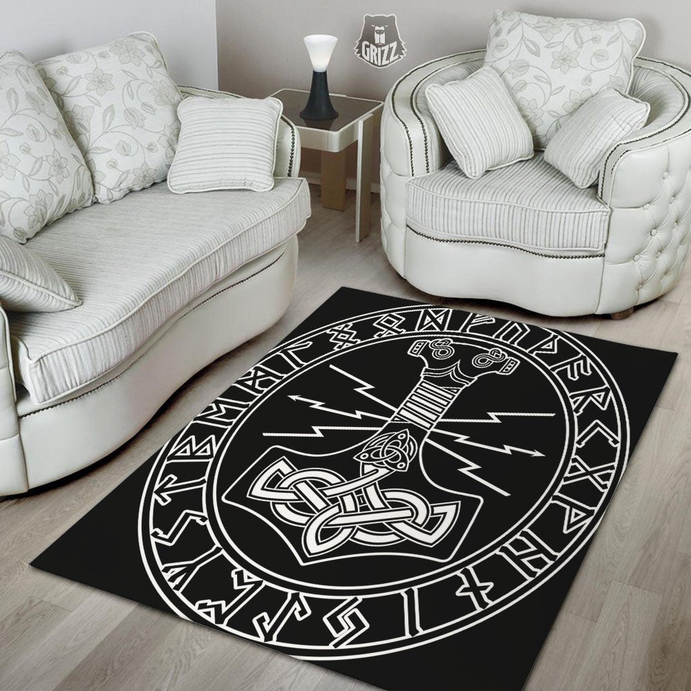 Younger Futhark And Mjolnir Print Floor Mat-grizzshop