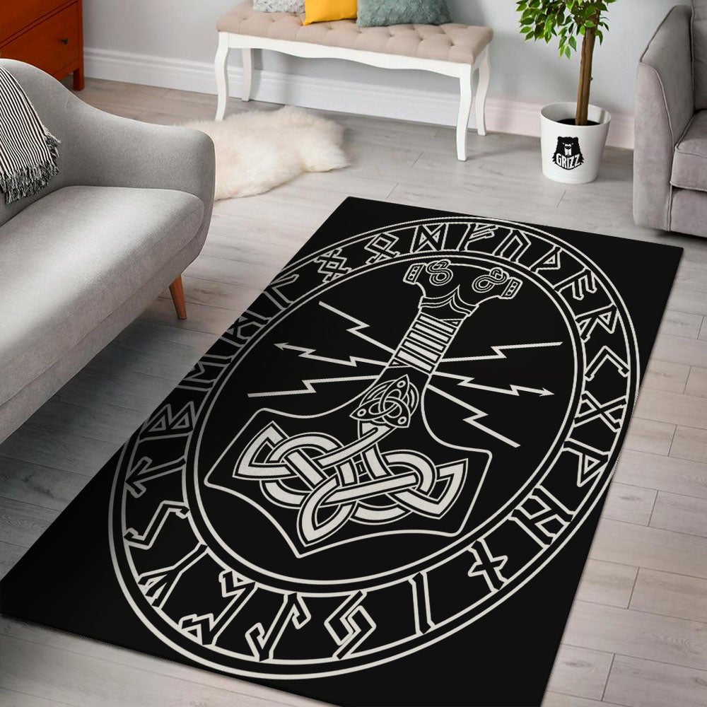 Younger Futhark And Mjolnir Print Floor Mat-grizzshop