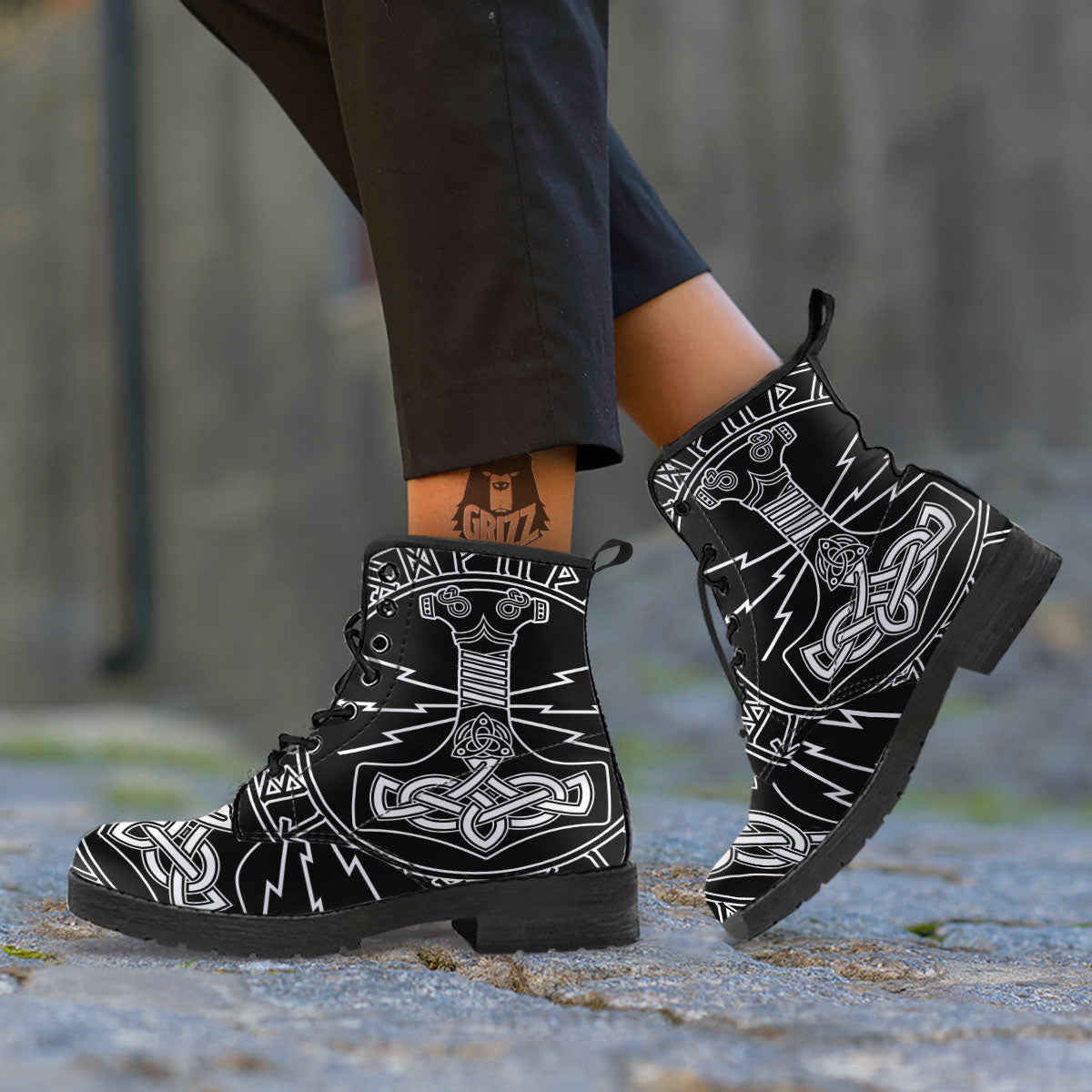 Younger Futhark And Mjolnir Print Leather Boots-grizzshop
