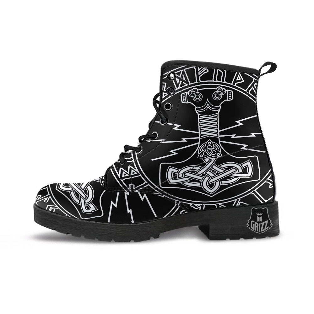 Younger Futhark And Mjolnir Print Leather Boots-grizzshop