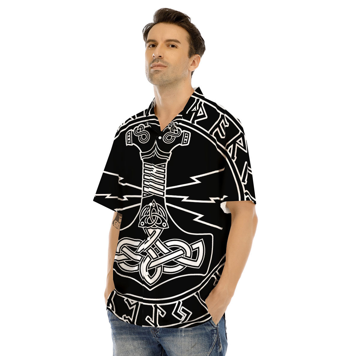 Younger Futhark And Mjolnir Print Men's Hawaiian Shirt-grizzshop