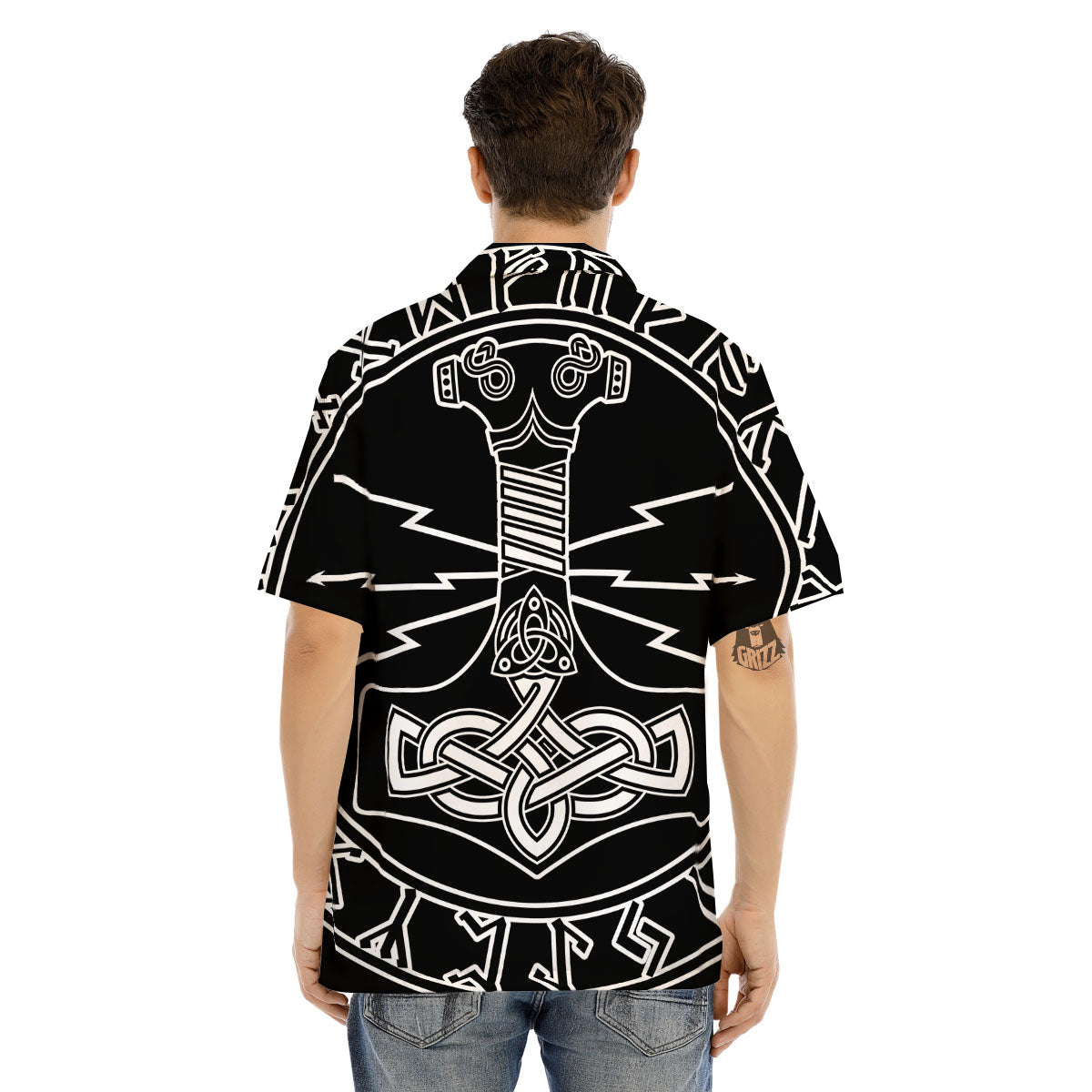 Younger Futhark And Mjolnir Print Men's Hawaiian Shirt-grizzshop