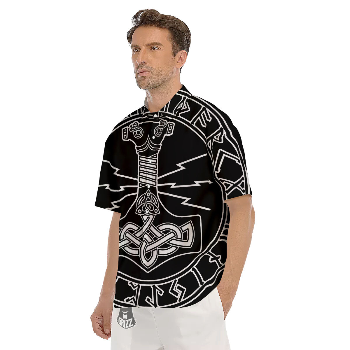 Younger Futhark And Mjolnir Print Men's Short Sleeve Shirts-grizzshop